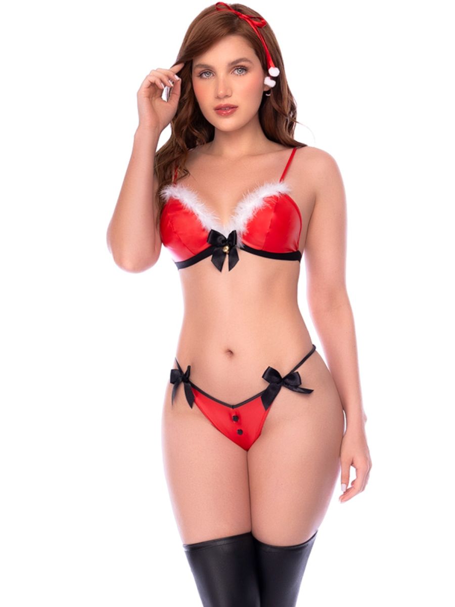 Red and black lingerie set with white trim, black bows, matching thong, headband, and thigh-high stockings.