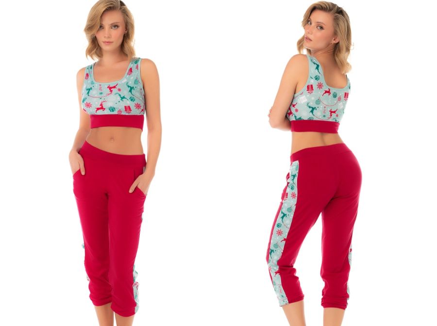 7409 Two-Piece Pajama Set Color Red-Mint Prints