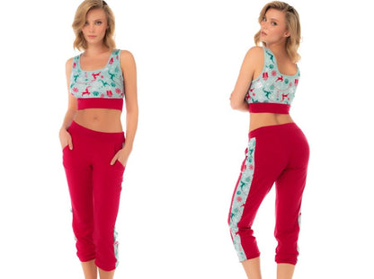 7409 Two-Piece Pajama Set Color Red-Mint Prints