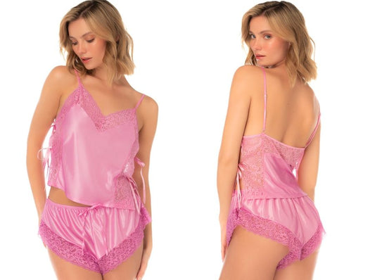 Mapale 75000 Lingerie verführerisches zweiteiliges Schlafanzug-Set aus Satin und Spitze, Farbe Rouge Rosa