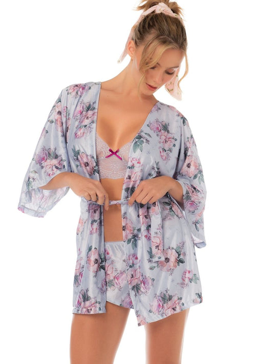 Mapale 75010 Dessous Seidener kurzer Morgenmantel mit Blumenmuster Farbe Silver Bloom