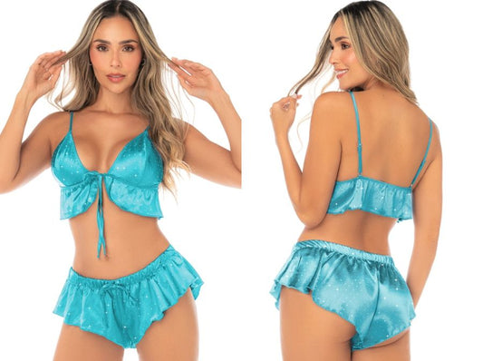 Mapale 75014 Lingerie Zweiteiliges Pyjama-Set mit Rüschenbesatz Farbe Glänzender Jade
