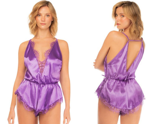 Mapale 75015 Lingerie Seidiger Schlaf-Jumpsuit mit Spitzenbesatz, Farbe Purple Rain