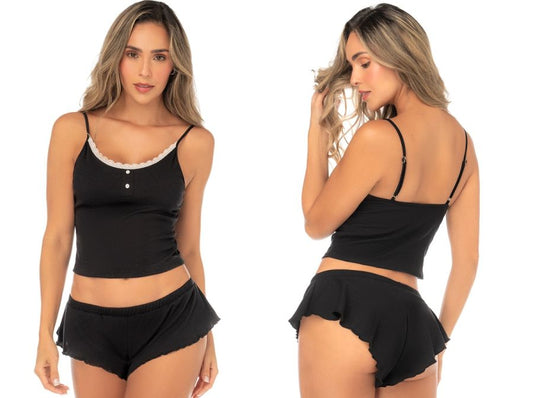 Mapale 75016 Lingerie Zweiteiliges Pyjama-Set Verführerisches Cami-Top und Rüschen-Shorts Farbe Schwarz