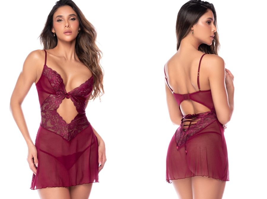 Burgundy sheer mesh babydoll with lace cups, center cutout, halter straps, and lace-up back detail.