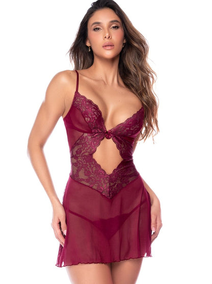 Burgundy babydoll with lace trim, keyhole cutout, sheer skirt, adjustable straps, and matching thong.