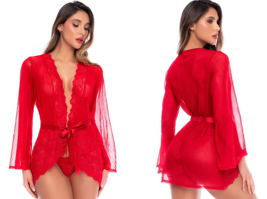 Red sheer robe with long sleeves, lace trim, matching thong, and a waist tie.