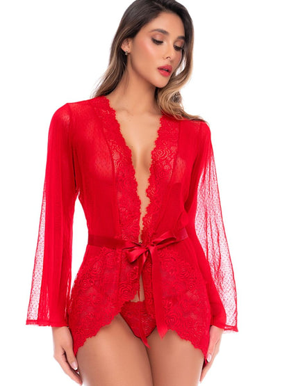 Red sheer robe with lace trim, long sleeves, satin waist tie, and matching thong.