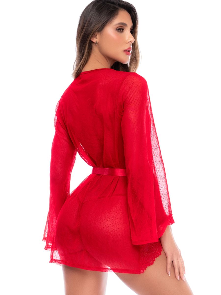 Mapale 7639 sheer red robe with long flared sleeves, tie belt, and matching thong.