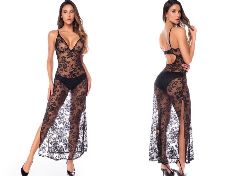 Black floral lace maxi babydoll with thin straps, deep V-neck, high side slits, open back, and matching panties.