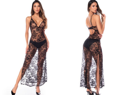 Black floral lace maxi babydoll with thin straps, deep V-neck, high side slits, open back, and matching panties.