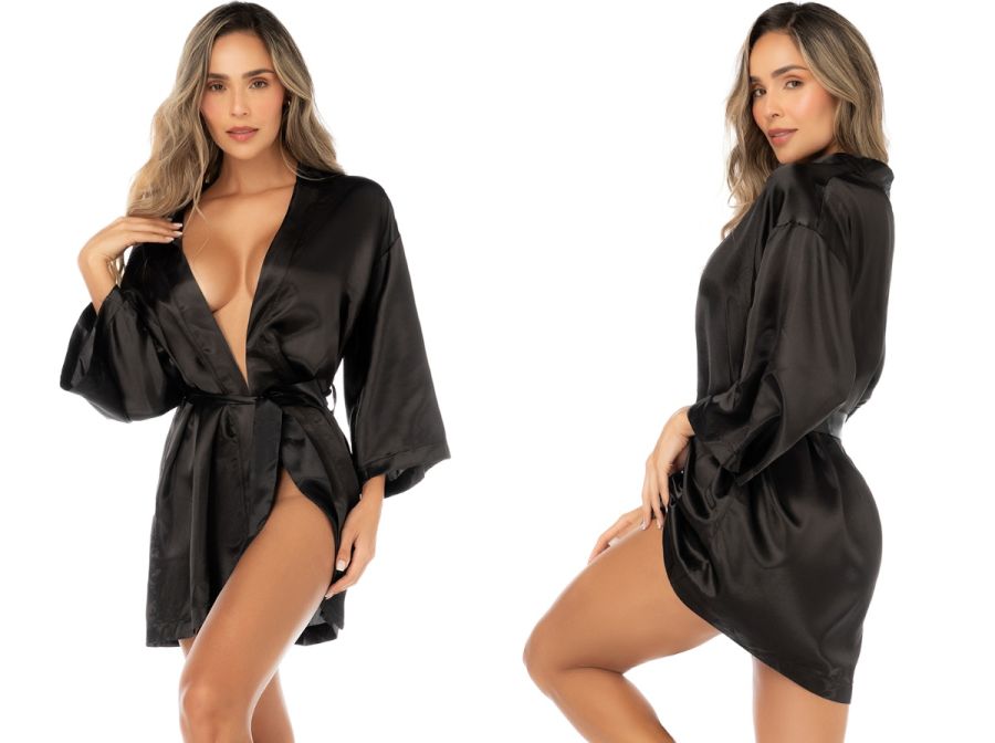 Model wearing Mapale 7641 black satin robe with V-neck, wide long sleeves, and tie belt.