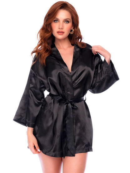 Mapale black satin robe featuring wide long sleeves, a V-neckline, and a matching fabric tie belt at the waist.