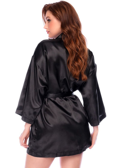 Mapale 7641 elegant black satin robe with wide sleeves and a matching tie belt, shown from the back.