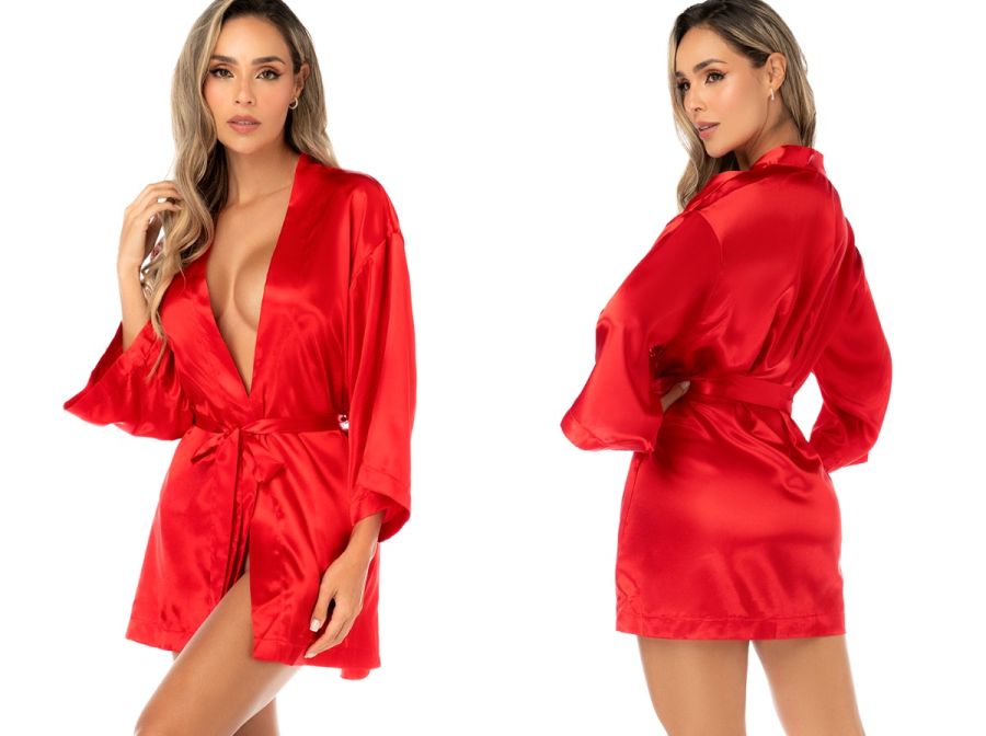 Mapale 7641 red satin robe with long wide sleeves, tie belt, and V-neck, shown front and back.
