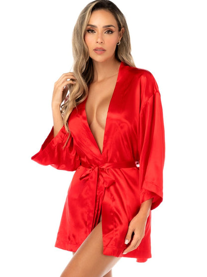 Mapale red satin robe with long wide sleeves, a deep V-neck, and a matching tie belt.