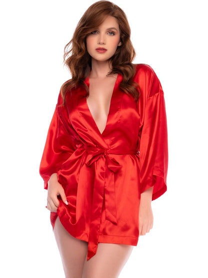 Model wearing a vibrant red satin short robe featuring wide sleeves and a matching tie belt.