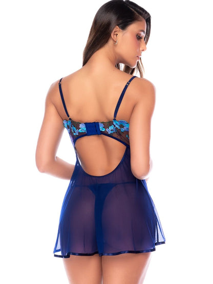 Mapale 7642 poppy blue babydoll with keyhole back, sheer skirt, and blue floral embroidery.