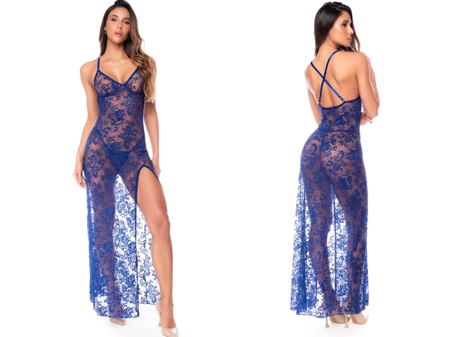 Mapale royal blue floral lace long gown with V-neck, thigh slit, and crisscross back straps.