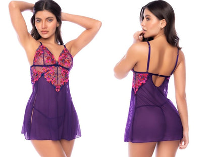 Purple babydoll with sheer skirt and pink and orange floral embroidery on the cups and back.