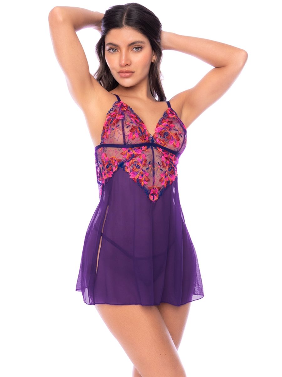 Mapale purple babydoll with sheer skirt and colorful floral embroidered cups and V-panel.