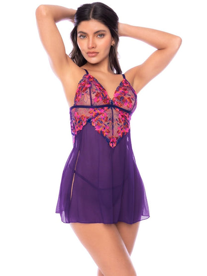 Mapale purple babydoll with sheer skirt and colorful floral embroidered cups and V-panel.