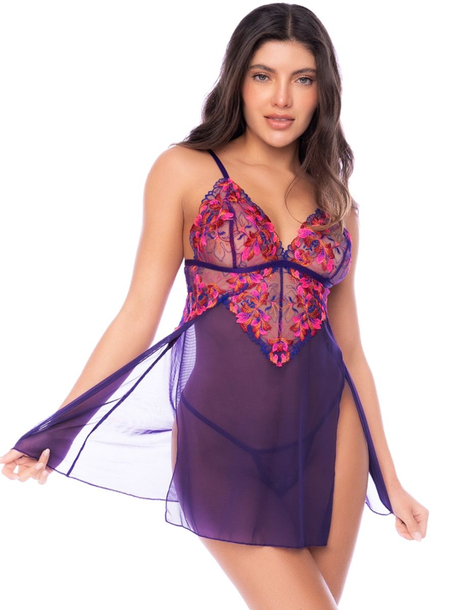 Purple babydoll with sheer skirt, slit sides, and pink floral embroidered bodice with matching thong.