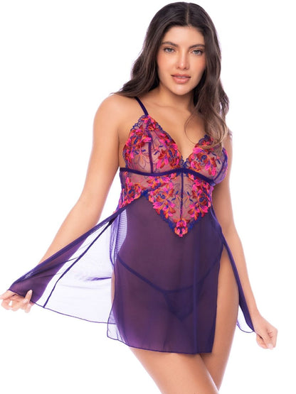 Purple babydoll with sheer skirt, slit sides, and pink floral embroidered bodice with matching thong.