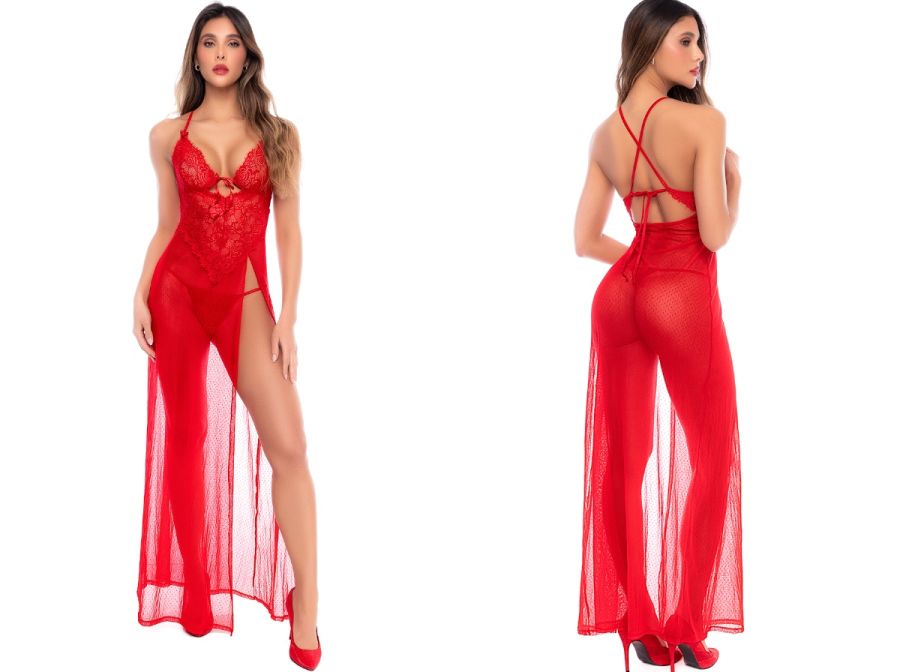 Red long sheer gown with lace bodice, high front slit, halter neck, and matching thong.