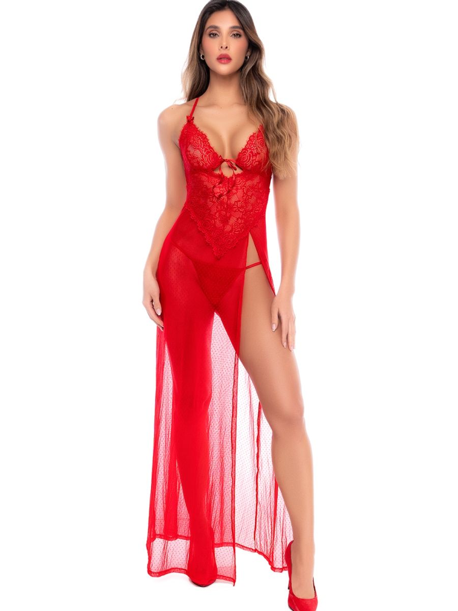 Model wearing a red lace halter long gown with a sheer skirt and thigh-high slit, plus matching red thong.