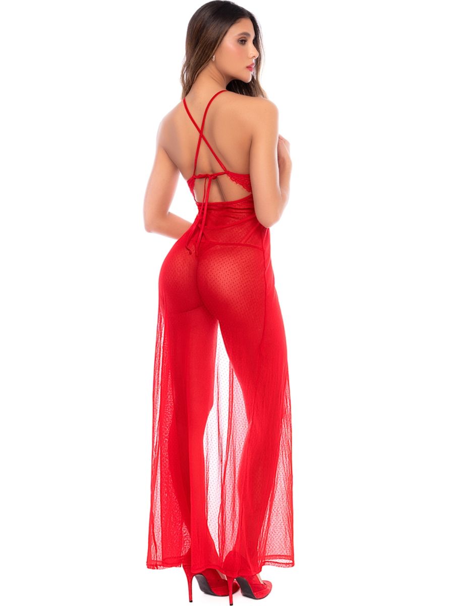 Model wearing Mapale red long sheer mesh gown with crisscross back straps and a matching thong.