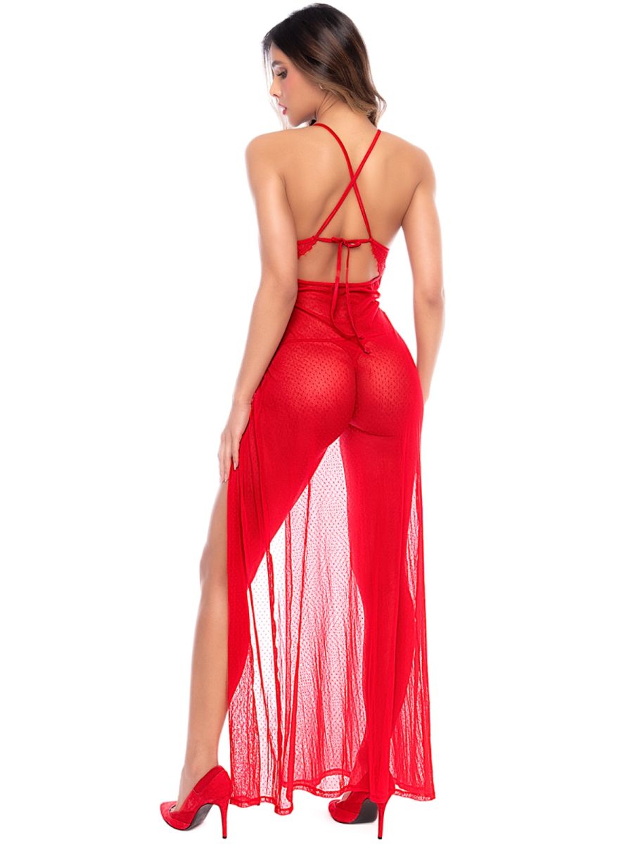 Rear view of a red sheer long gown with dotted pattern, crisscross back straps, and matching red thong.