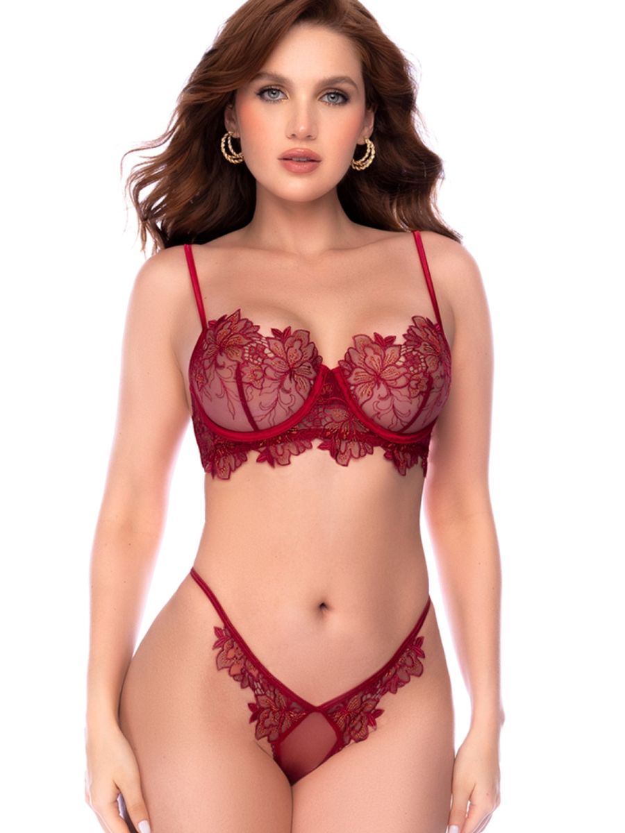 Rosewood two-piece lingerie set with floral lace embroidery on sheer fabric, underwire bra, and matching thong.