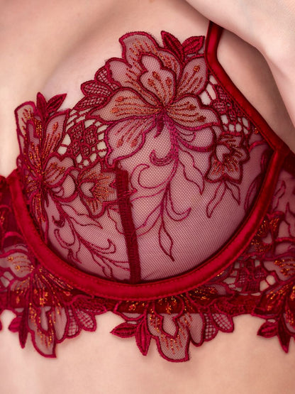 Rosewood lingerie set with sheer mesh and intricate red floral embroidery, scalloped underband and straps.