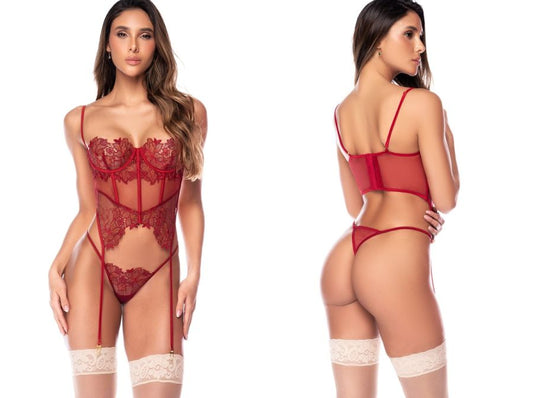 Rosewood two-piece lingerie set with floral lace, sheer mesh bodice, attached garter straps, and matching thong.