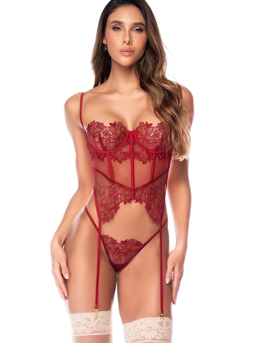 Rosewood two-piece lingerie set with floral lace and sheer mesh underwire bustier, thong, and attached garter straps.