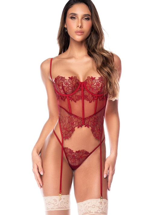 Rosewood two-piece lingerie set with floral lace and sheer mesh underwire bustier, thong, and attached garter straps.