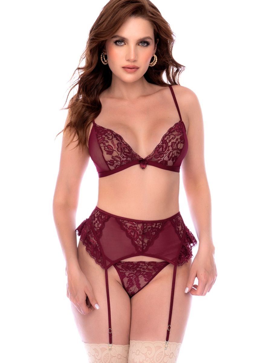 Burgundy three-piece lingerie set with lace bralette, garter belt, and matching thong.