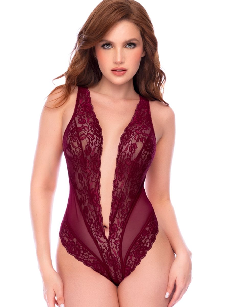 Burgundy lace teddy featuring a plunging V-neckline, floral pattern, and sheer mesh side panels.