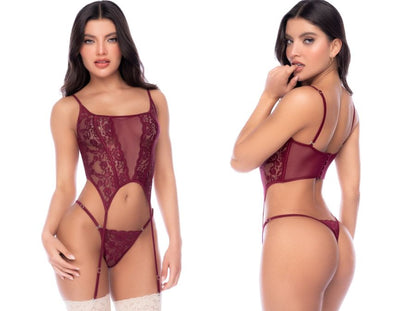 Burgundy Mapale two-piece exotic lingerie set with floral lace, sheer panels, garter straps, and thong.