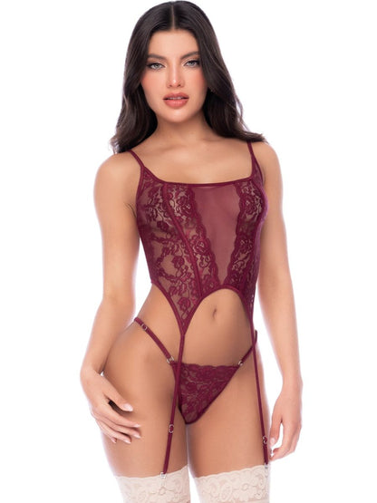 Burgundy two-piece lingerie set with floral lace panels, sheer mesh, attached garter straps, and matching thong.