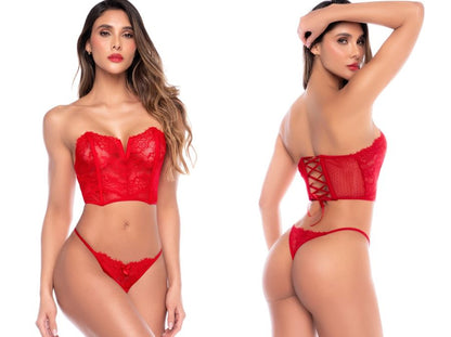 Red two-piece lingerie set with strapless lace bustier top featuring laced back and matching thong.
