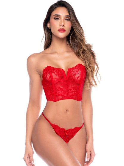 Red lace two-piece lingerie set featuring a strapless bustier top and matching thong with a small bow.