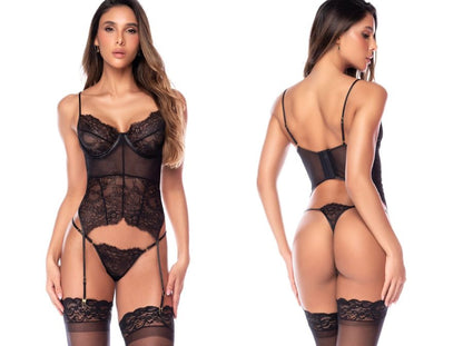 Black Mapale two-piece exotic lingerie set with lace, sheer mesh, garters, and matching thong.