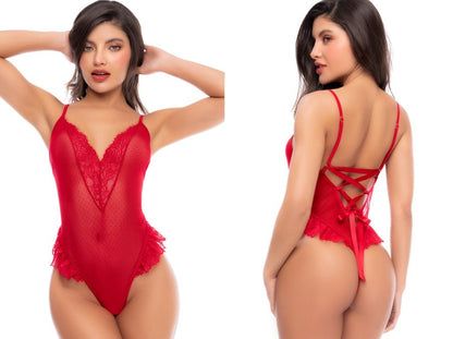 Red sheer mesh teddy with lace trim, V-neck, thong back, and lace-up ribbon back detail.