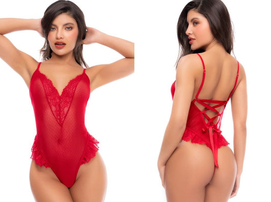 Red sheer mesh teddy with lace trim, V-neck, thong back, and lace-up ribbon back detail.