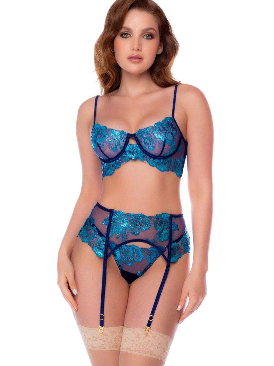 Midnight blue three-piece lingerie set with bright teal floral lace, underwire bra, garter belt, and panties.