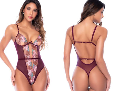Raspberry pink teddy with sheer mesh, floral embroidery panels, cutout center, and adjustable straps.