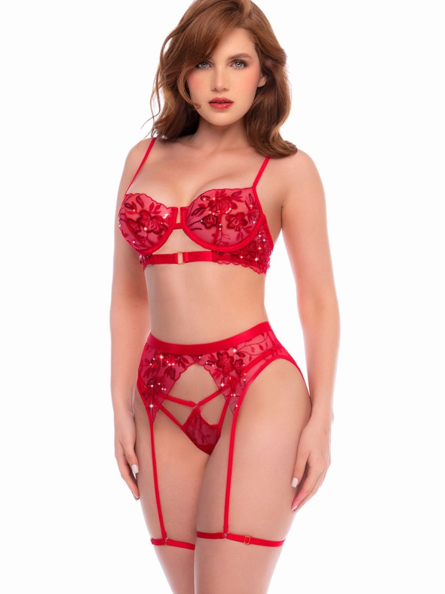 Scarlet red three-piece lingerie set with floral embroidery, underwire bra, strappy garter belt, and matching thong.