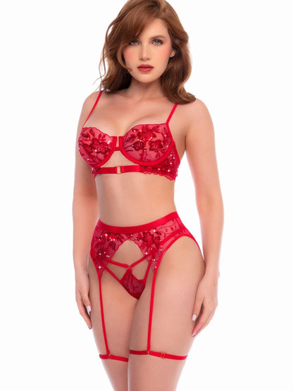 Scarlet red three-piece lingerie set with floral embroidery, underwire bra, strappy garter belt, and matching thong.